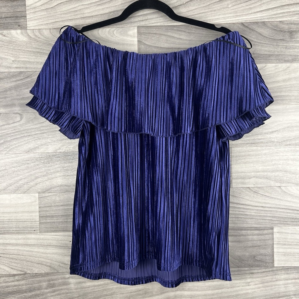 Sanctuary Blouse Top Womens Large Blue Short Sleeve Velvet Off Shoulder Ruffle